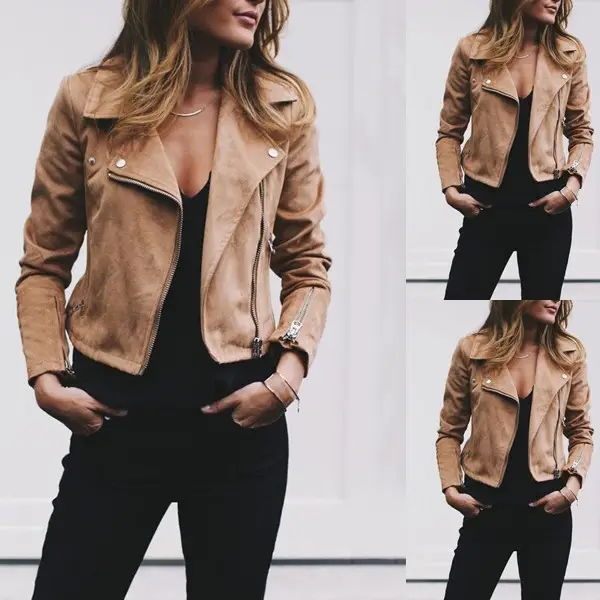 Women Leather Jacket Green Oblique Zipper Casual Wear - Image 2