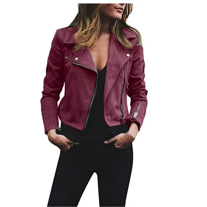 Women Leather Jacket Green Oblique Zipper Casual Wear - Image 3
