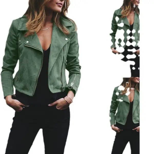 Women Leather Jacket Green Oblique Zipper Casual Wear - Image 5