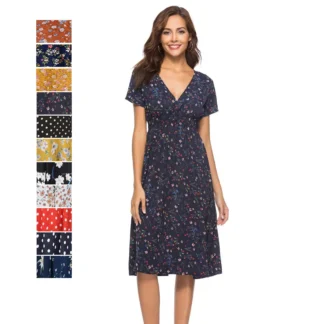V-Neck Printed Chiffon Dress for Women