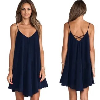 Navy Blue Chiffon Night Dress with Back Criss Cross Strap