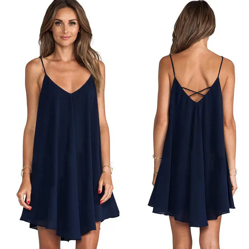 Navy Blue Chiffon Night Dress with Back Criss Cross Strap