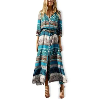 Bohemian Printed Wrap Dress Blue Pakistani Women