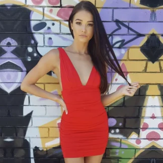 Women Red Pleated V-Neck Dress Slim Fit Machine Washable