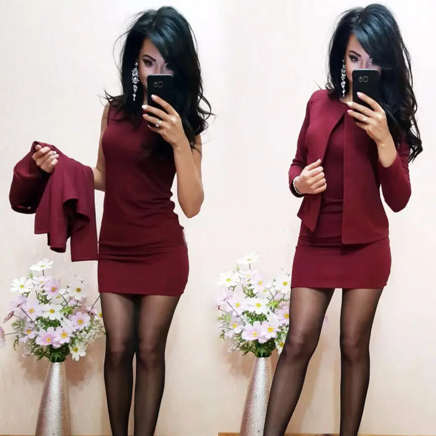 Maroon Form-Fitting Dress with Blazer for Office & Events