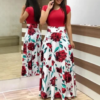 Floral High-Waist Dress Red White Premium Quality
