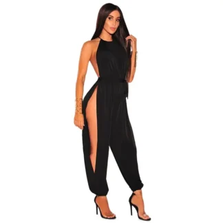 Black High Slit Wide Leg Jumpsuit for Women