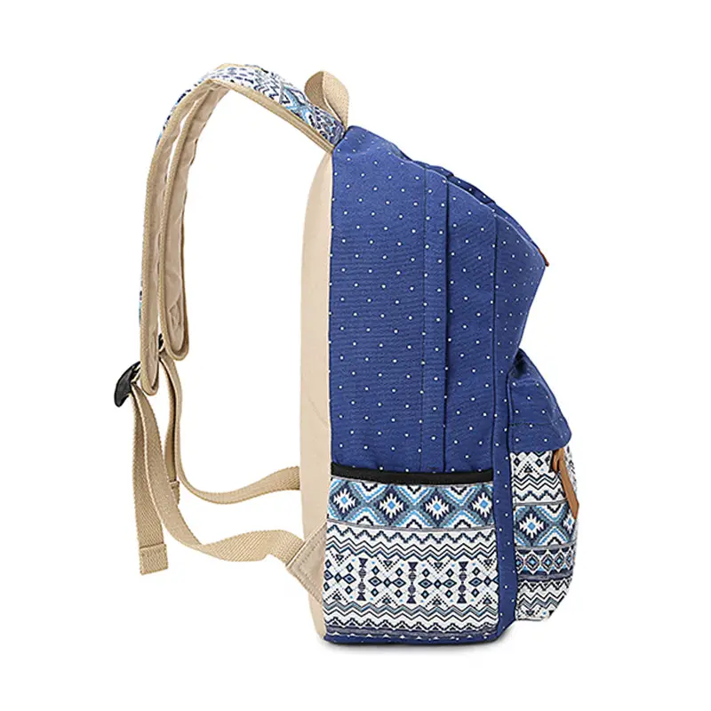 Women Ethnic Print Canvas Backpack Blue Dot Travel School Bag - Image 3