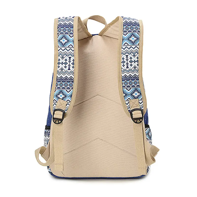 Women Ethnic Print Canvas Backpack Blue Dot Travel School Bag - Image 4