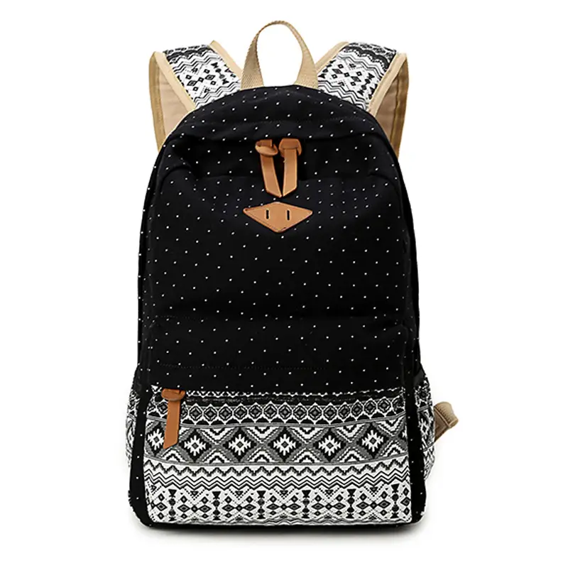 Women Ethnic Print Canvas Backpack Blue Dot Travel School Bag - Image 6