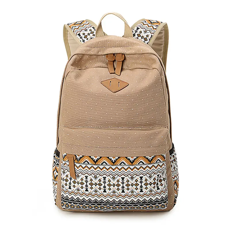 Women Ethnic Print Canvas Backpack Blue Dot Travel School Bag - Image 7