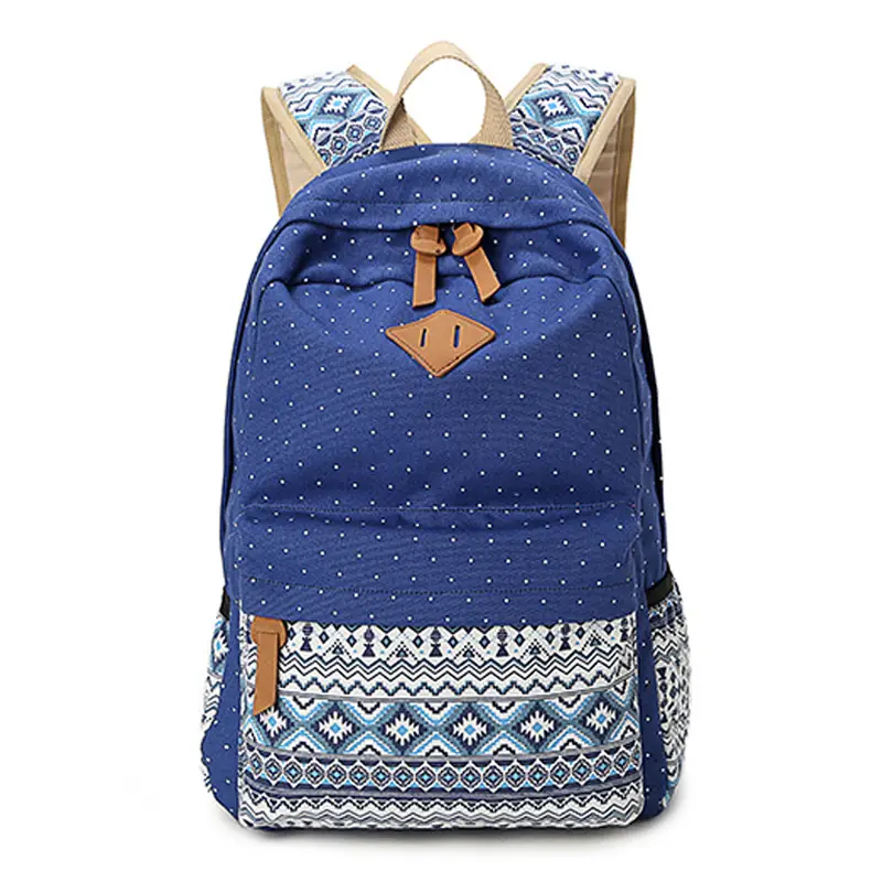 Women Ethnic Print Canvas Backpack Blue Dot Travel School Bag - Image 8