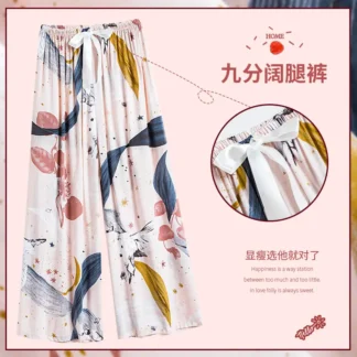 Women Printed Wide Leg Sleep Pants Summer Cotton Rayon Plus Size