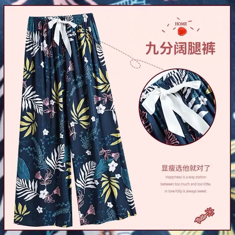 Women Printed Wide Leg Sleep Pants Summer Cotton Rayon Plus Size - Image 4