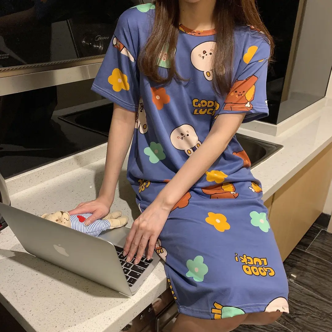 Women Summer Cute Printed Pajama Nightgown Short Sleeve Plus Size