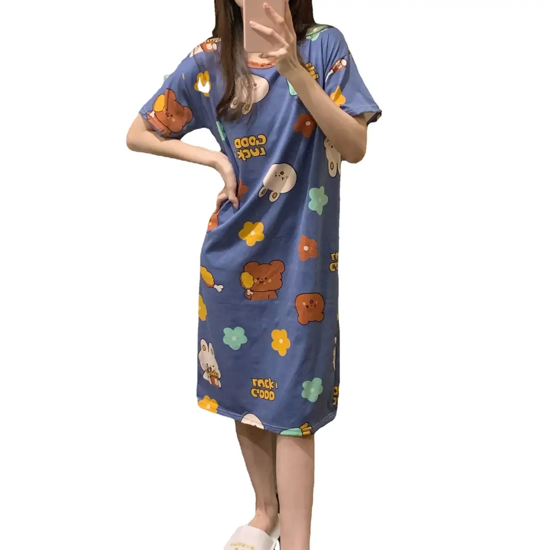 Women Summer Cute Printed Pajama Nightgown Short Sleeve Plus Size - Image 5