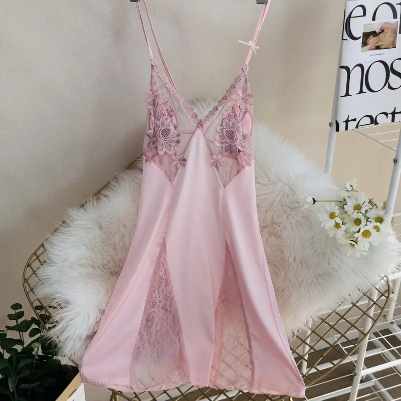 Women Silk Flower Nightgown Pink Summer Sleepwear