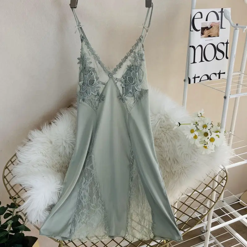 Women Silk Flower Nightgown Pink Summer Sleepwear - Image 3