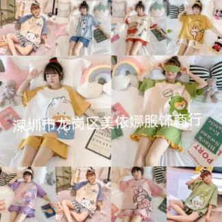 Women Summer Cartoon Pajamas Loose Short Sleeve Set