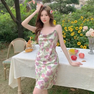 Women Summer Floral Nightgown Purple Tulip High Quality