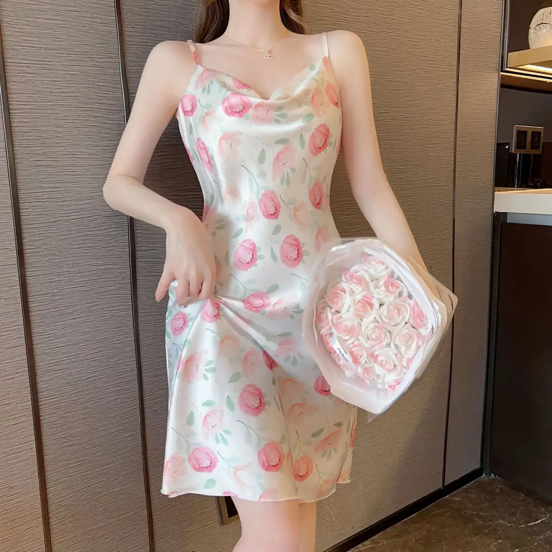 Women Summer Floral Nightgown Purple Tulip High Quality - Image 2