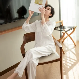 Women Silk Pajamas White Long Sleeve Summer Home Wear