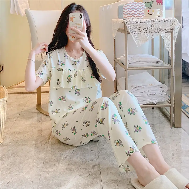 Women Printed Cotton Pajamas Loose Fit Summer Home Wear - Image 2