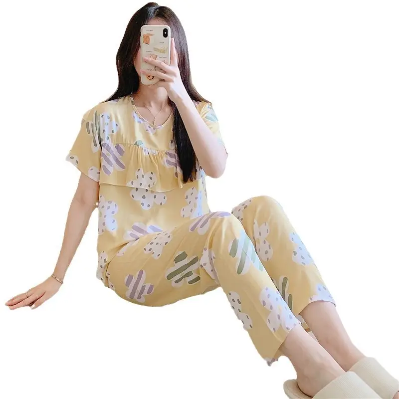 Women Printed Cotton Pajamas Loose Fit Summer Home Wear - Image 5