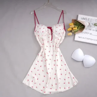 Cute Printed Ice Silk Nightgown with Belt for Women Summer Home Wear