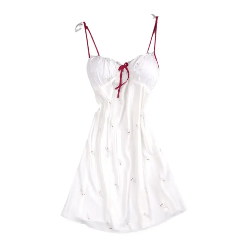 Cute Printed Ice Silk Nightgown with Belt for Women Summer Home Wear - Image 5