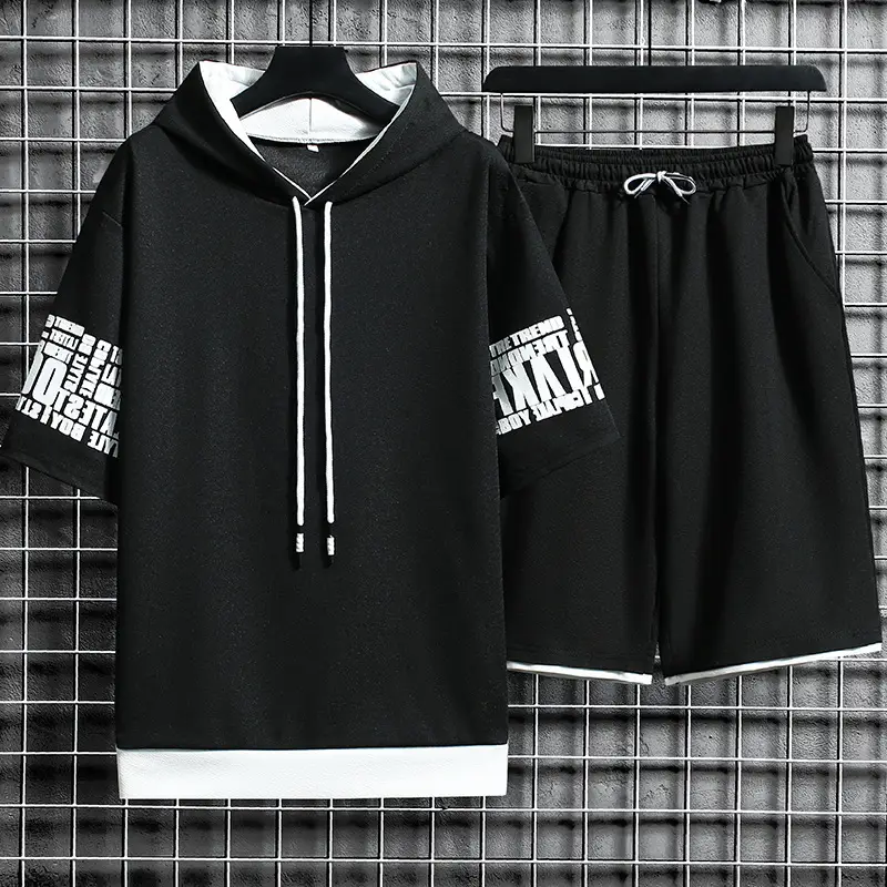 Men Hoodie Shorts Set White Black Summer Casual Sports Wear - Image 7