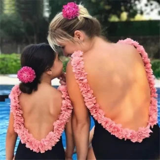 Parent-Child Pink Flower Swimsuit Set Black