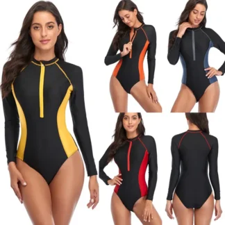 Women Long Sleeve Zipper One-Piece Swimsuit Black Red
