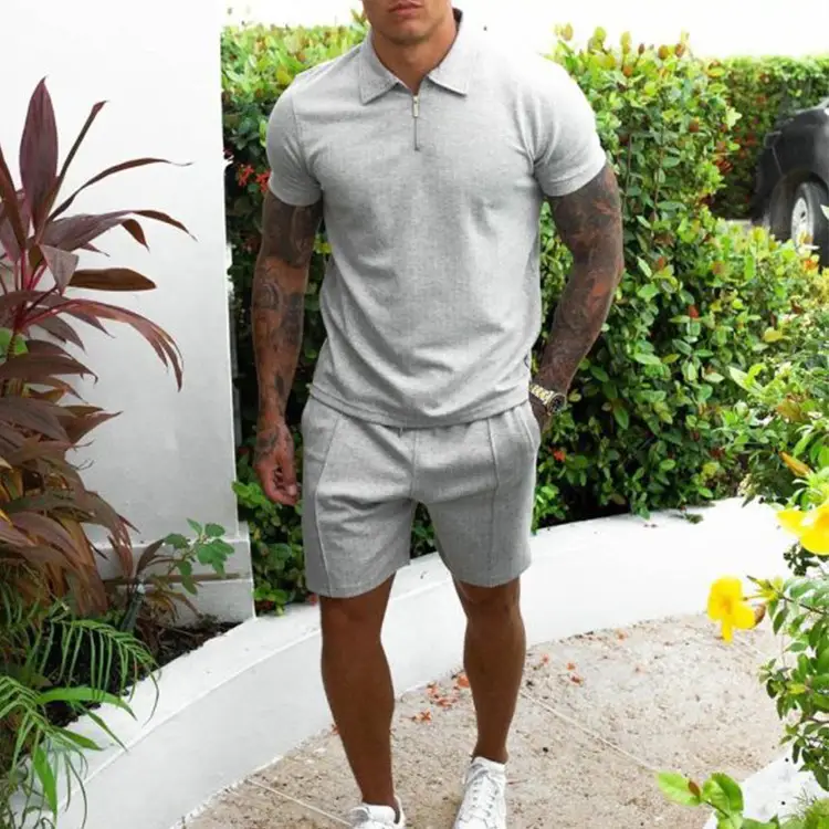 Men Slim Fit Grey Casual Two Piece Suit Shorts Set