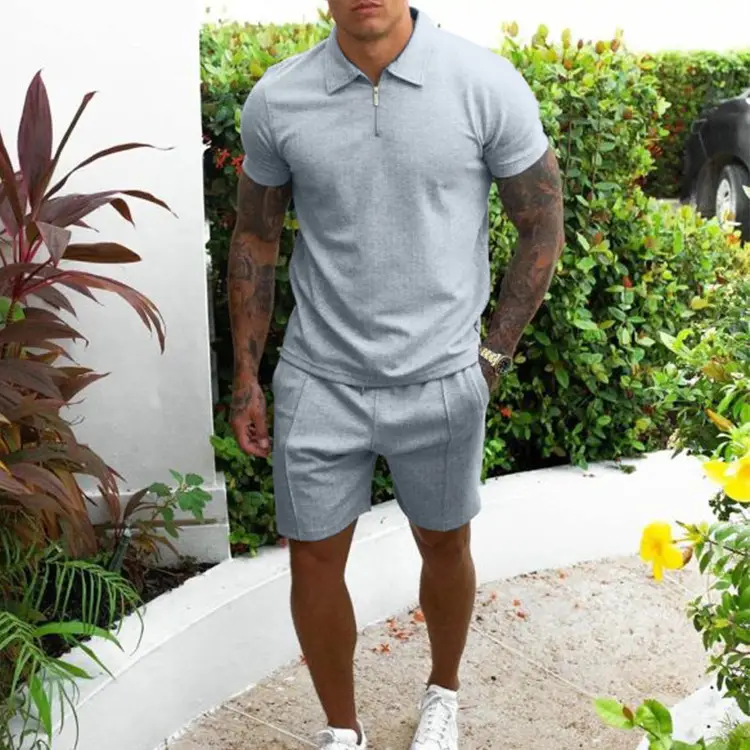 Men Slim Fit Grey Casual Two Piece Suit Shorts Set - Image 4