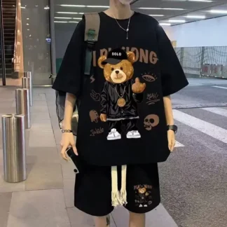 Men Waffle Graphic Track Suit Black Summer Casual