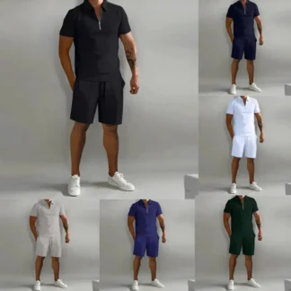 Men's Zip Collar Sports Shorts Set Summer Casual