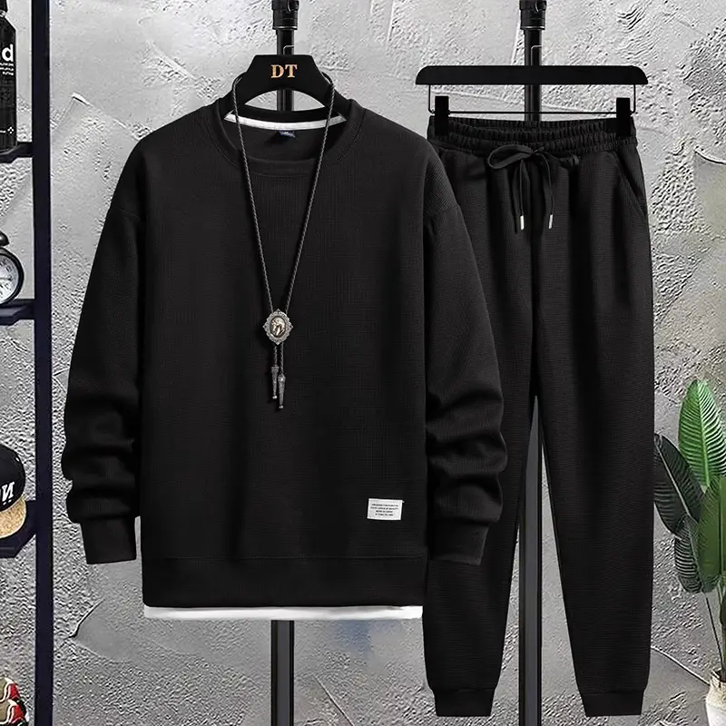 Men Waffle Long Sleeve Track Suit Dark Gray Loose Fit - Image 2