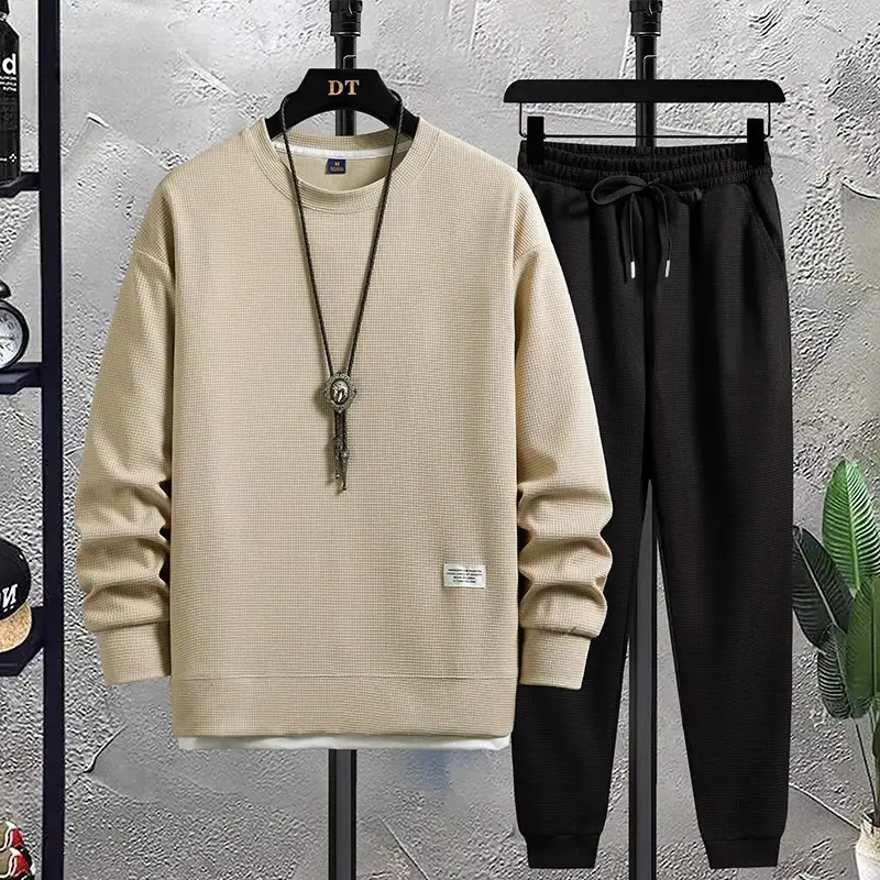 Men Waffle Long Sleeve Track Suit Dark Gray Loose Fit - Image 3