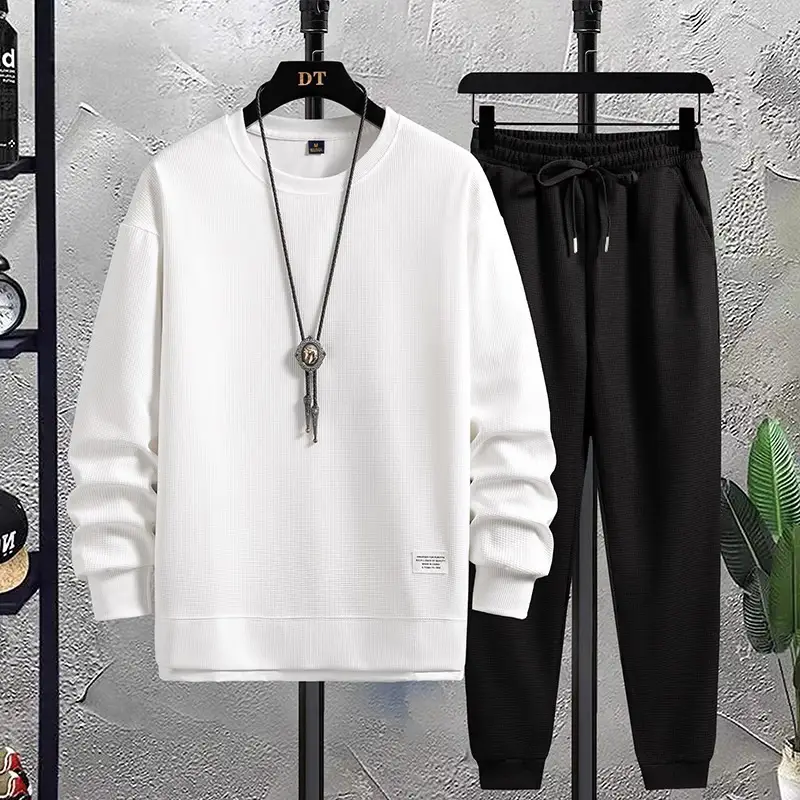 Men Waffle Long Sleeve Track Suit Dark Gray Loose Fit - Image 4