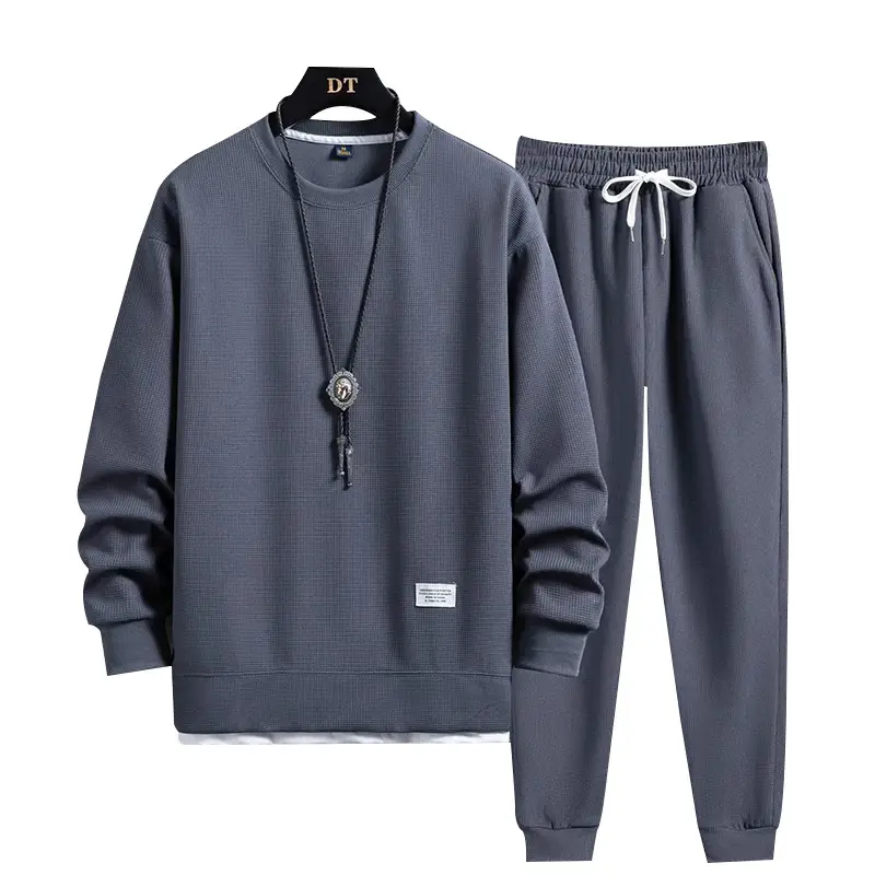 Men Waffle Long Sleeve Track Suit Dark Gray Loose Fit - Image 5