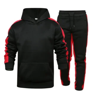 Men Black Red Hoodie Track Suit Winter Casual