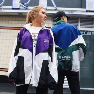 Retro Color-block Loose Jacket M-Green