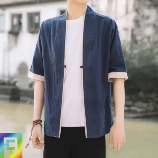 Men Blue Chinese Style Loose Half Sleeve Tang Suit Jacket