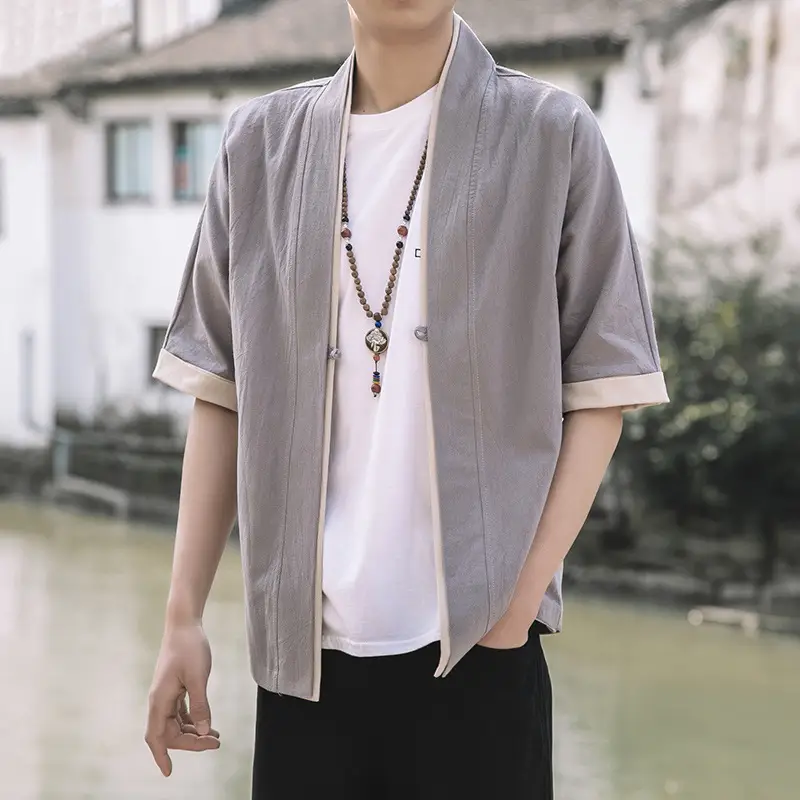 Men Blue Chinese Style Loose Half Sleeve Tang Suit Jacket - Image 2