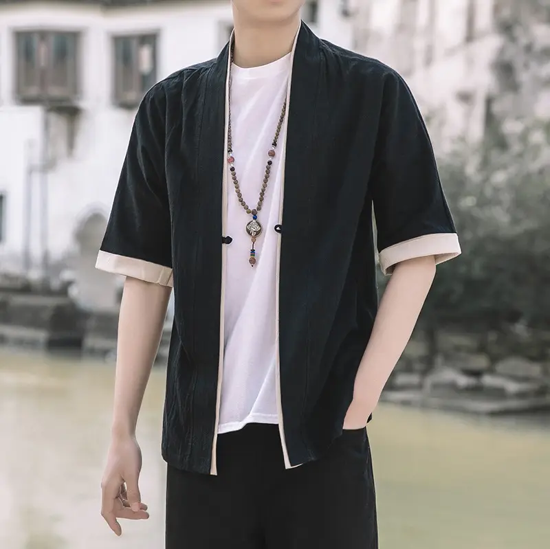Men Blue Chinese Style Loose Half Sleeve Tang Suit Jacket - Image 4