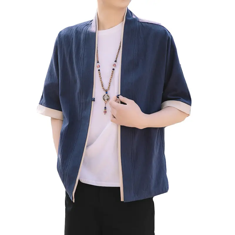 Men Blue Chinese Style Loose Half Sleeve Tang Suit Jacket - Image 5