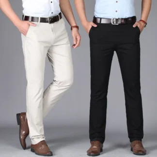 Men Slim Straight Leg Cotton Pants Black & Beige Summer
