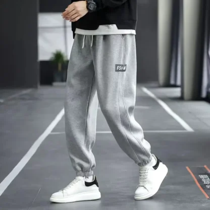 Men Fleece Sweatpants Black Ankle Tied Winter Warm