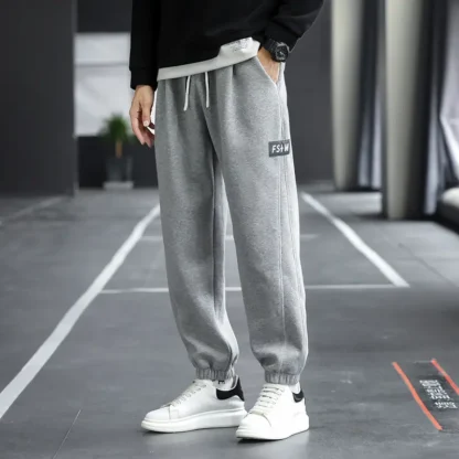 Men Fleece Sweatpants Black Ankle Tied Winter Warm